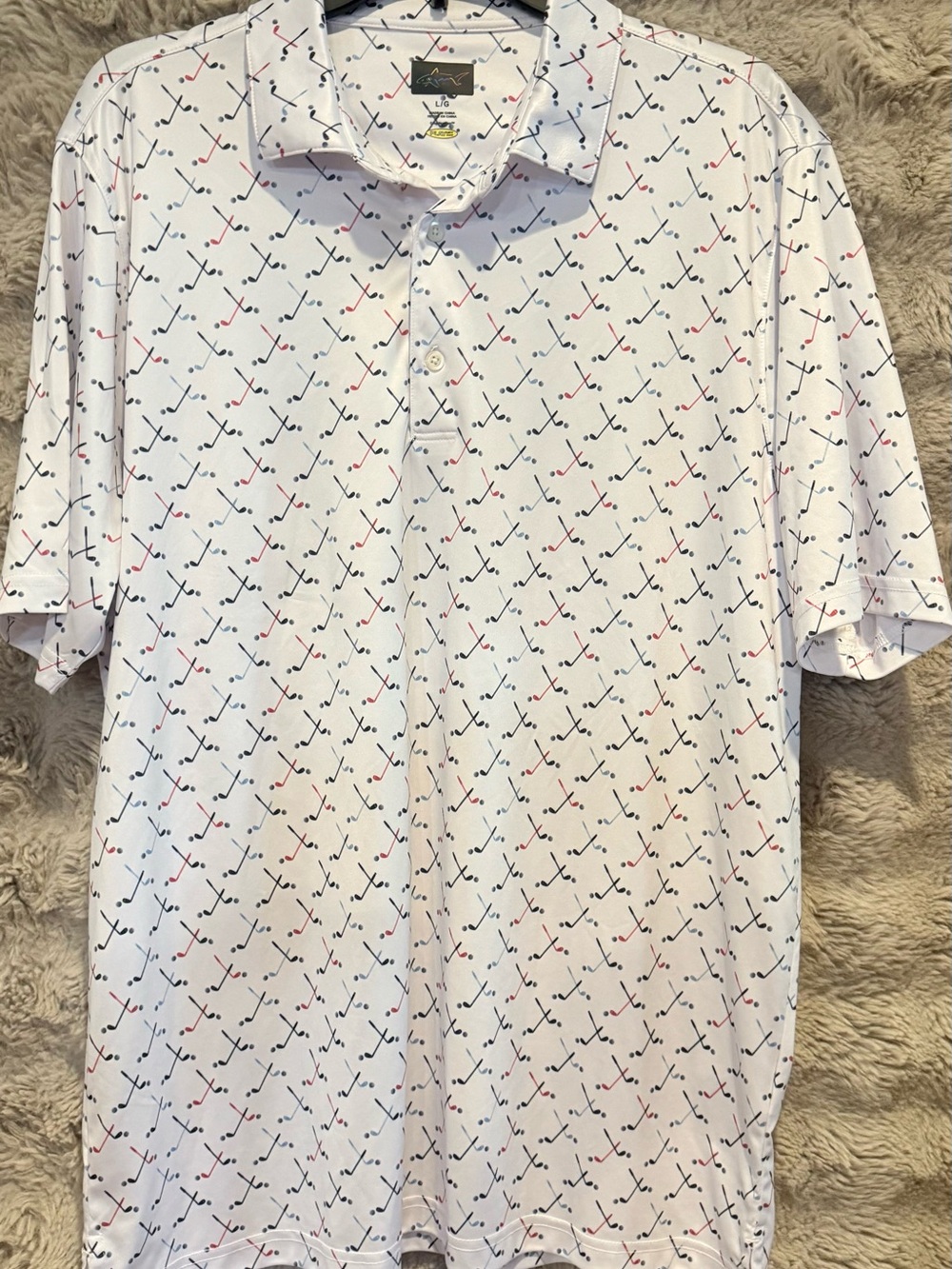 Greg Norman Collection White Polo with Navy & Red Golf Motif
